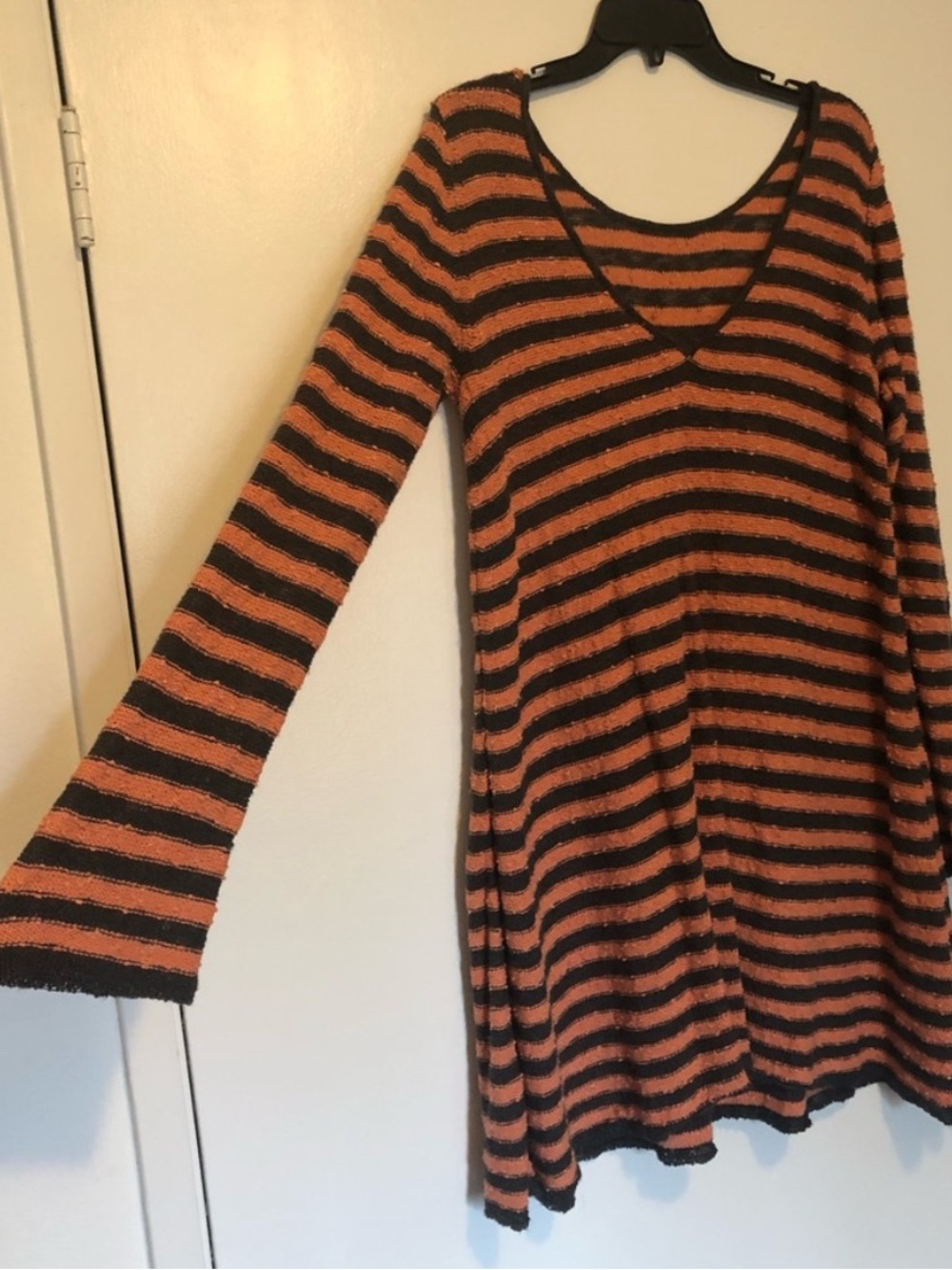 Free People Halloween Orange and Black Striped V-Neck Long-Sleeve Swing Dress